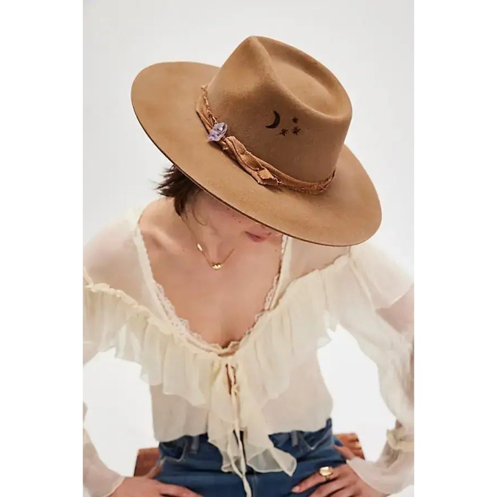 Free People Hampui Wonderland Tan Wool Wide Brim Hat Celestial Crystal NWT $360